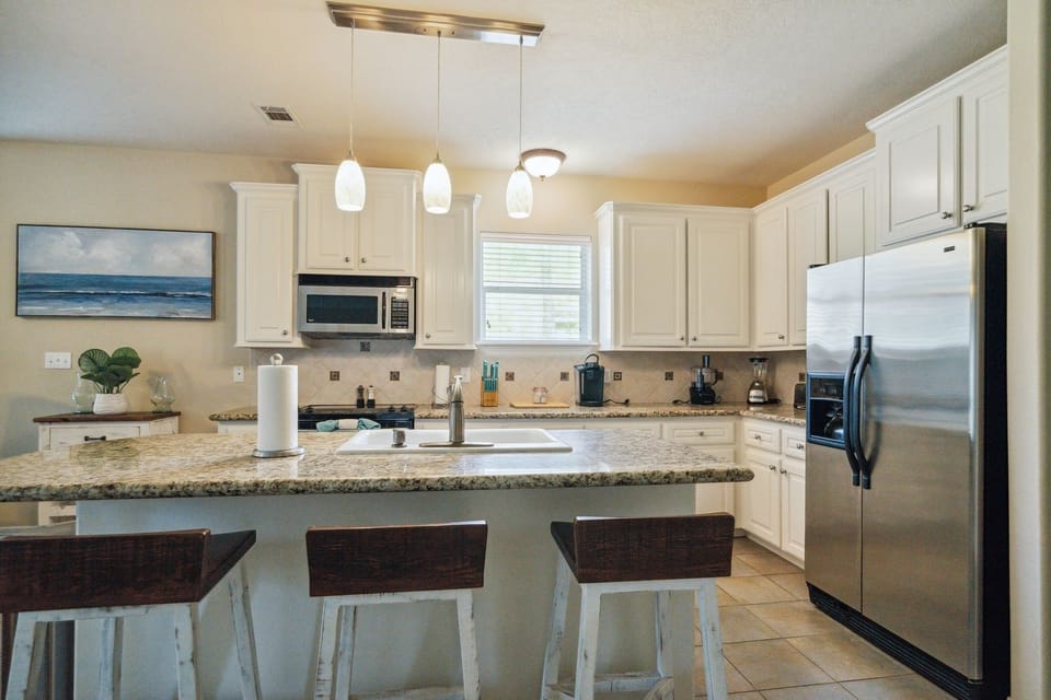 Indoors, Kitchen, Sink, Refrigerator, Microwave