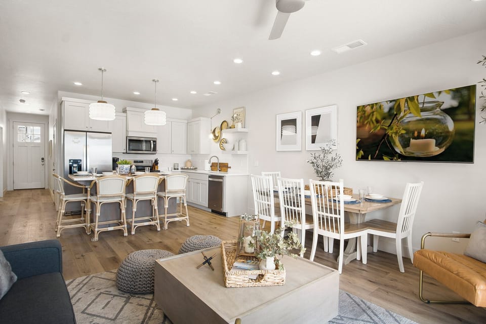 Dining, living, and kitchen area
