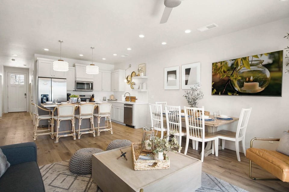Dining, living, and kitchen area