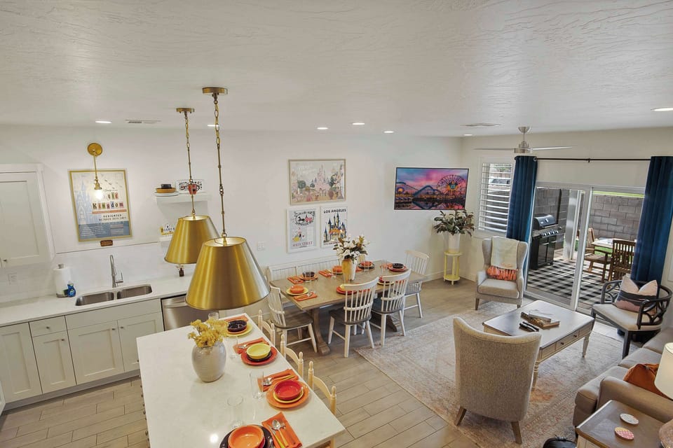 Aerial view of the living, dining, and kitchen area