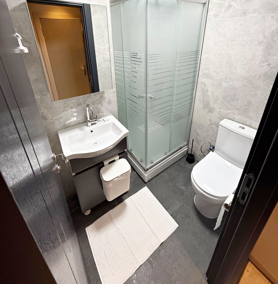 Shower, hair dryer, slippers, towels