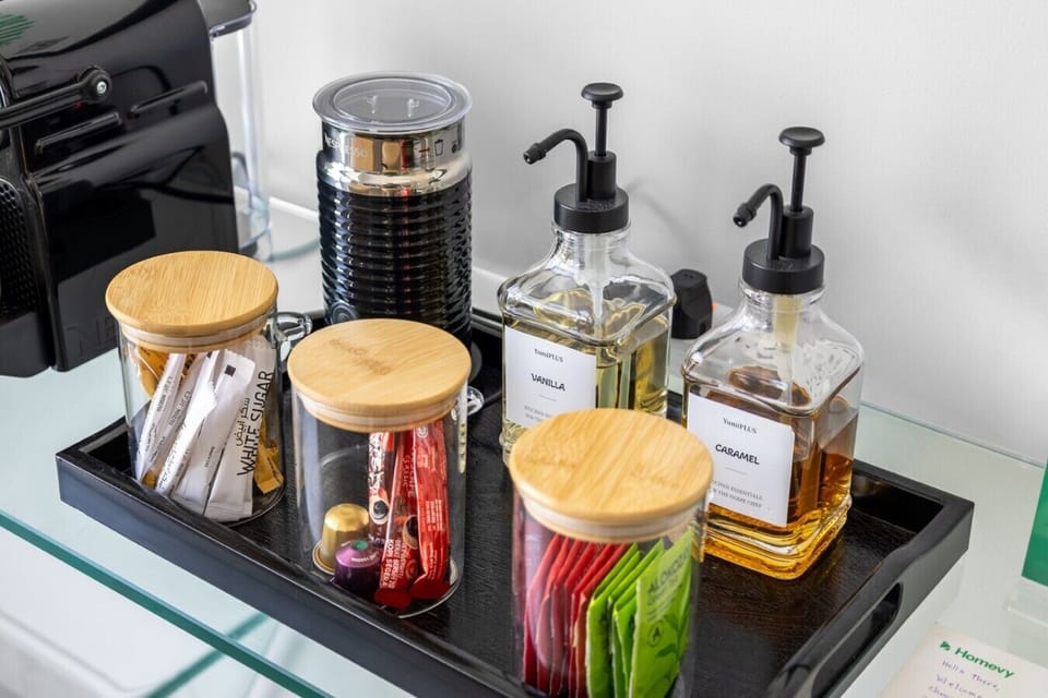Coffee bar with syrups and sugar