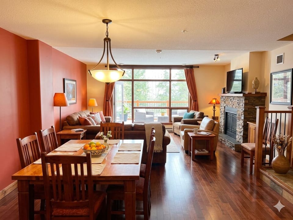 Cozy open plan living at its best. Gas Fireplace, comfortable seating, 65" Smart TV with Shaw Cable.
