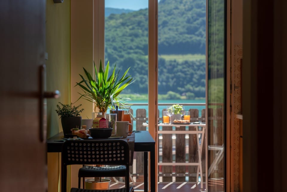 View from the living area onto balcony and lake