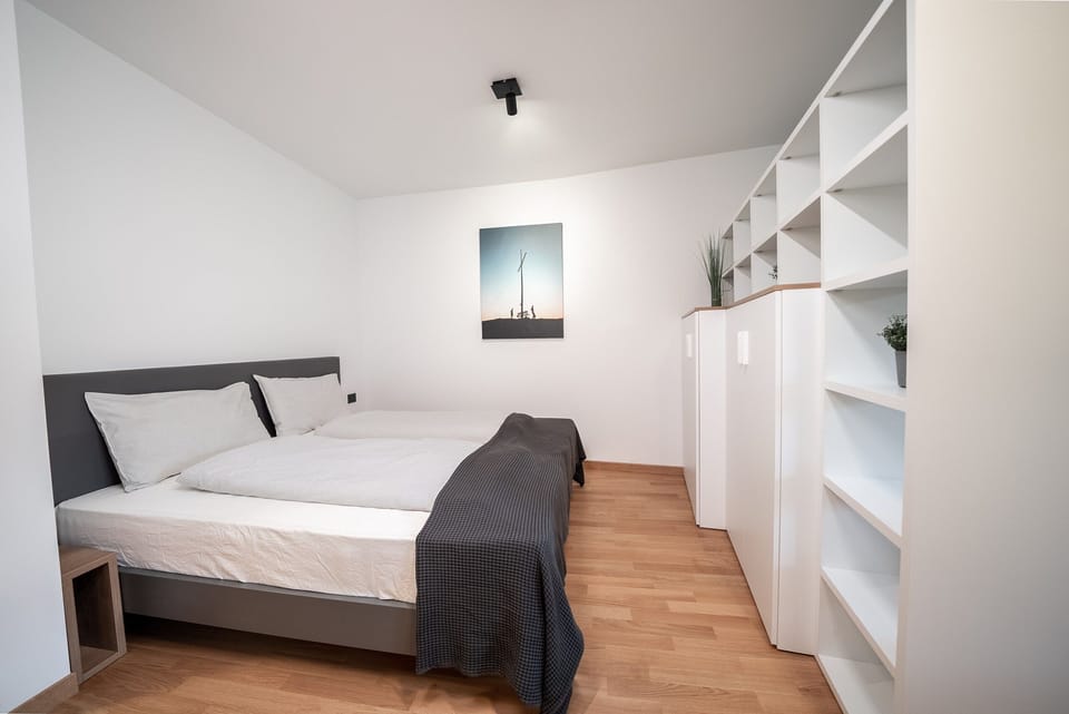 Sleeping area with shelving wall