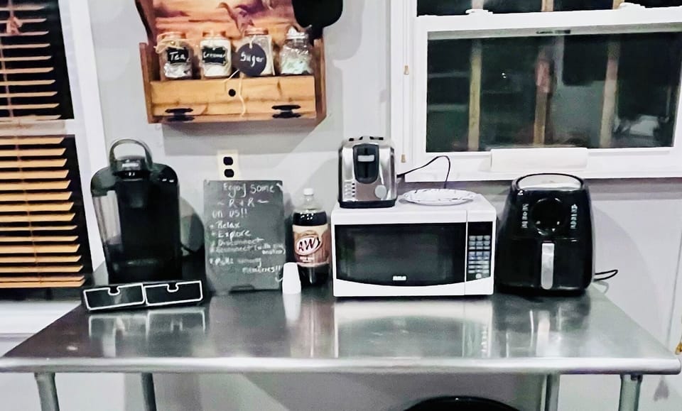 K cup coffee maker (coffee provided), microwave, toaster, air fryer & more.