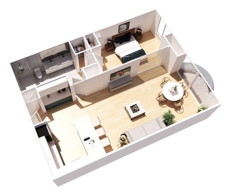 General Floor plan. 1 King bed in the main room which separates from the queen pull-out couch in the living room.