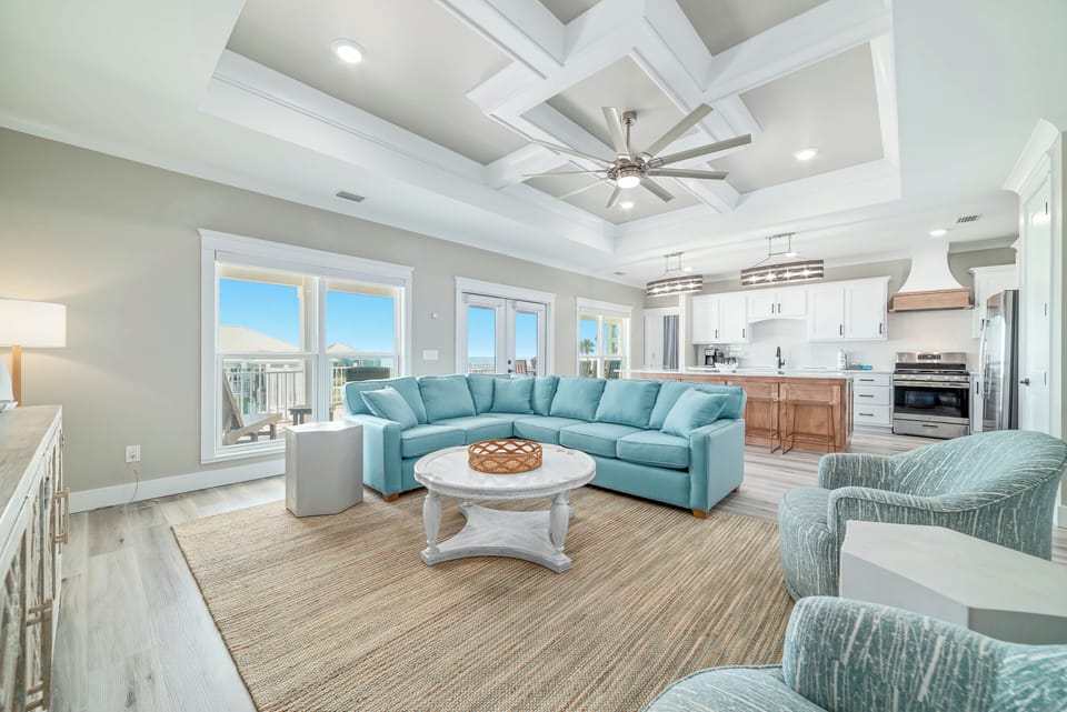 Beautiful living room with coffered ceilings!