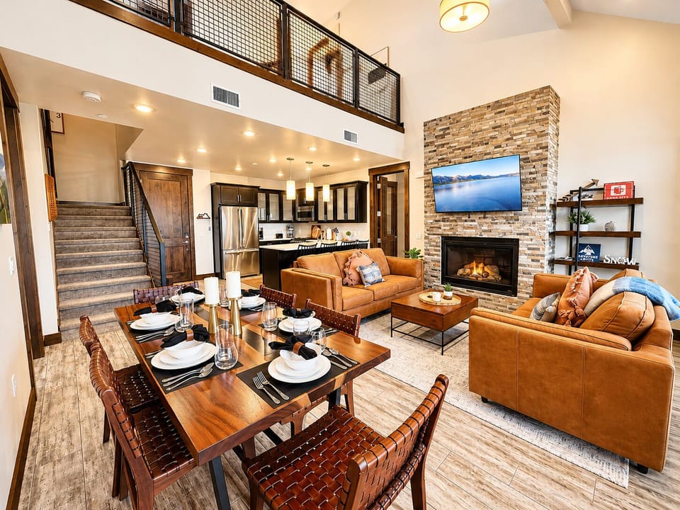 Relax in this luxurious open-concept living area. It features a stunning floor-to-ceiling stone fireplace, plush leather seating, and vaulted ceilings, creating the perfect atmosphere for a mountain getaway