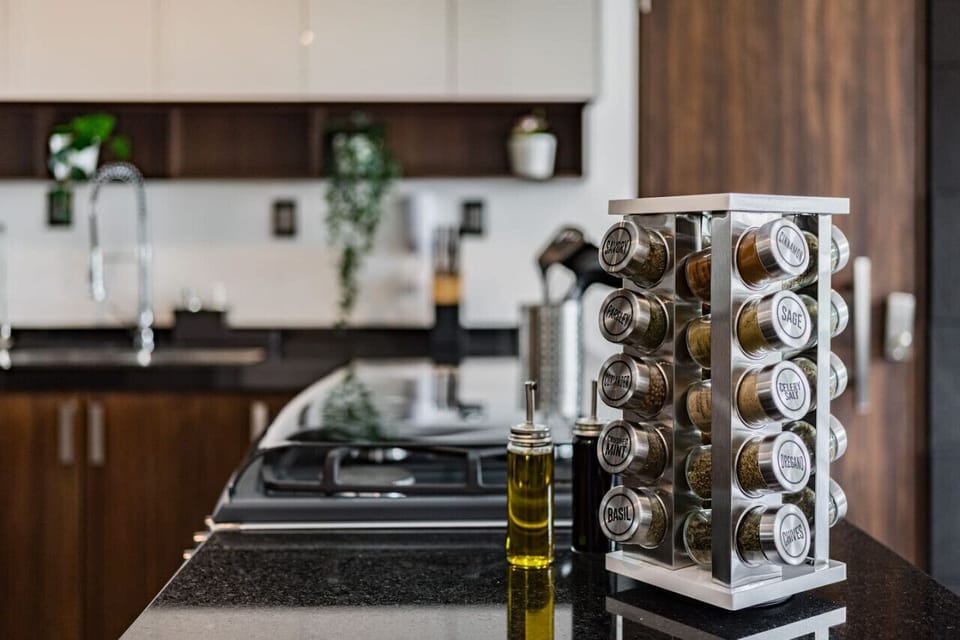 Gourmet kitchen amenities, including a spice rack and modern cooking essentials.