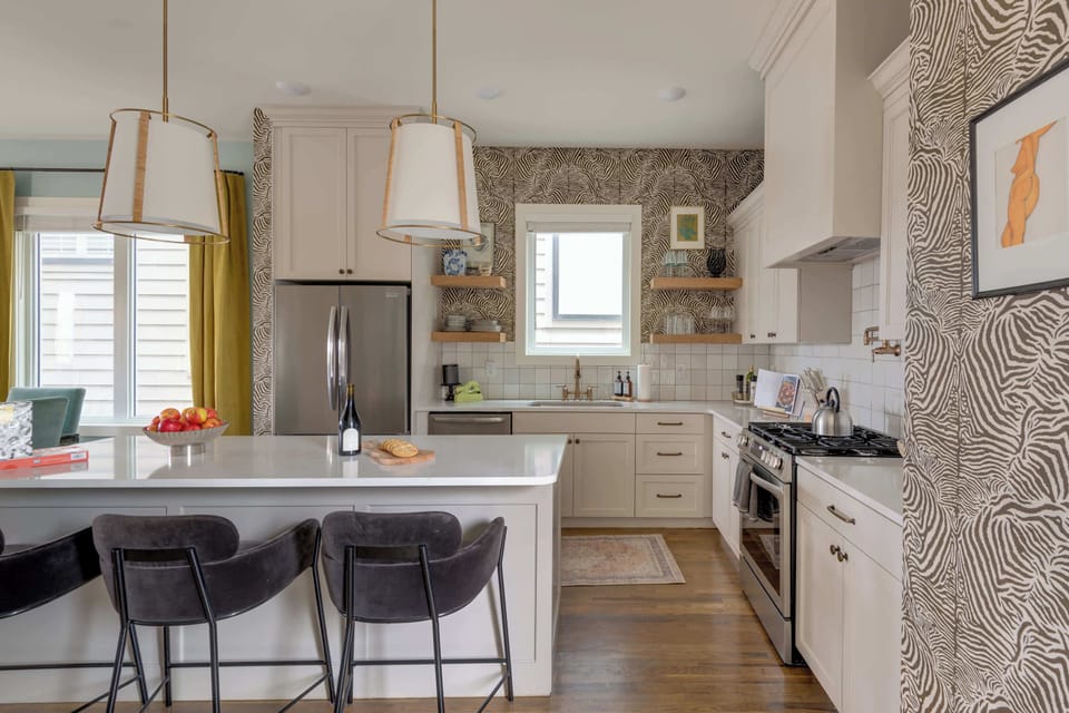 Zebra wallpaper adds energy and drama to our light and bright kitchen
