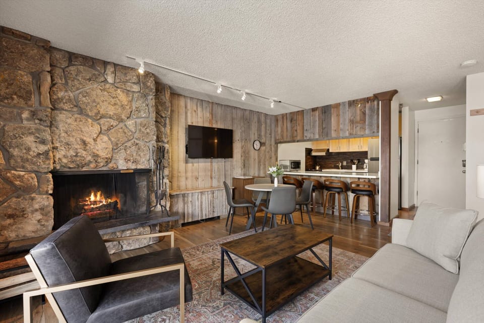 Newly remodeled with cozy furnishings, a flat screen TV, woodburning fireplace and a balcony.