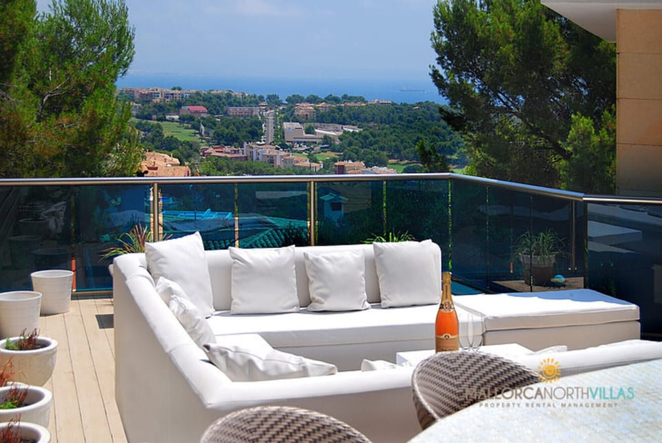 Private chill-out terrace with panoramic sea views at Villa Ocean View, Portals Nous.