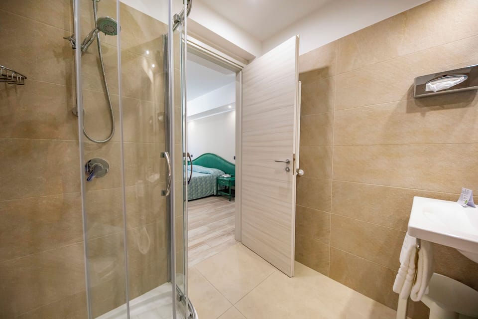 Shower, free toiletries, hair dryer, towels