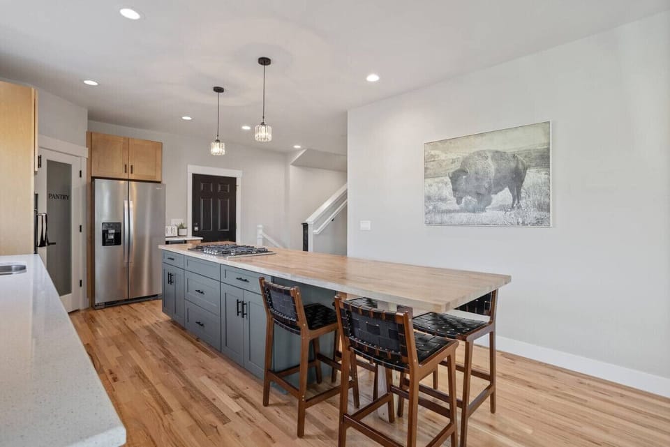 Spacious kitchen island with seating.