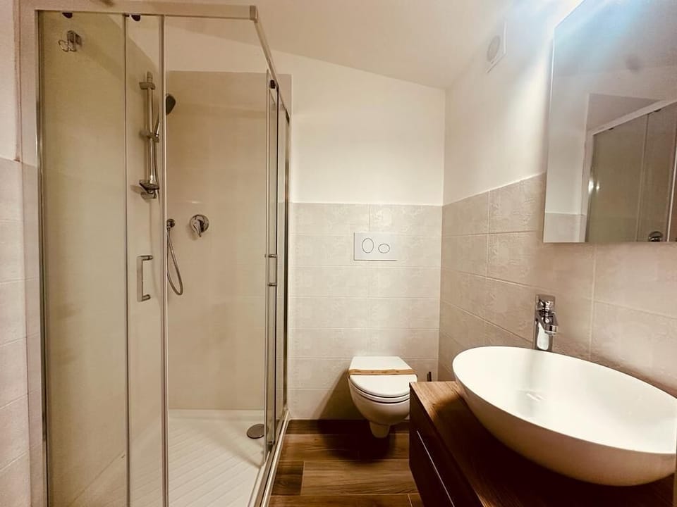 Shower, hair dryer, slippers, towels