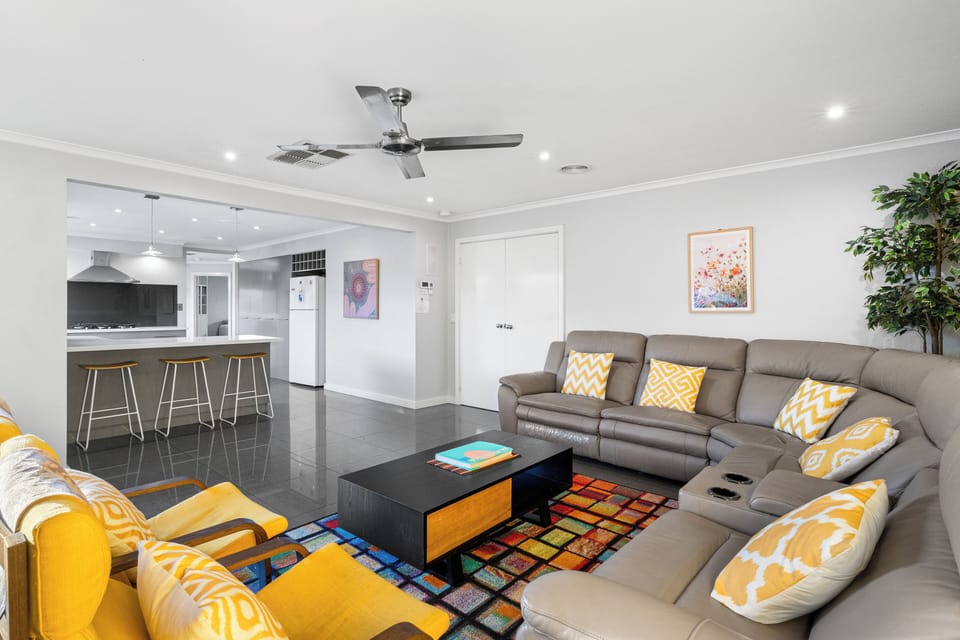 living room with kitchen view