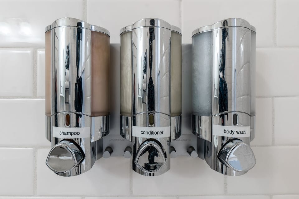 Shampoo, conditioner, body wash provided.