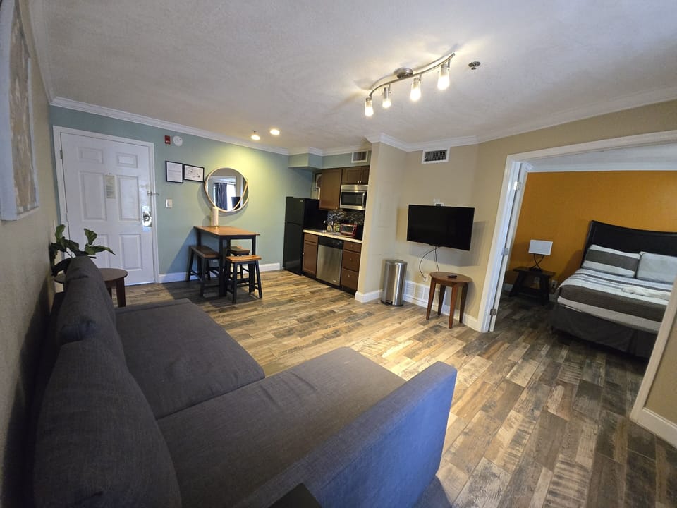 Cozy sofa bed and a new smart TV with all your favorite streaming apps.