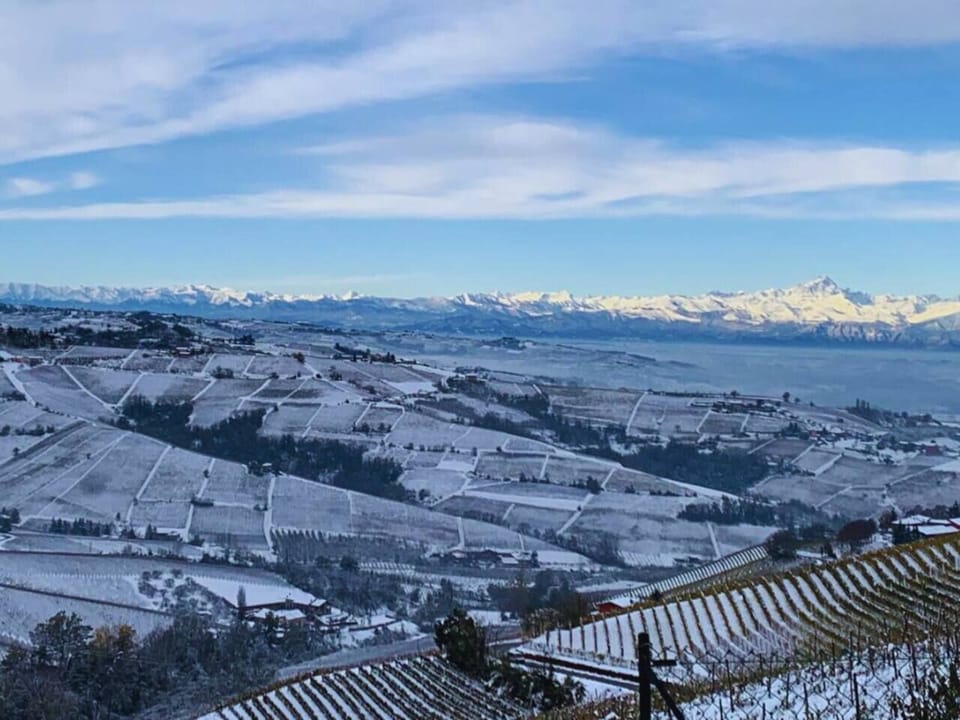 The panorama in winter with the snow-capped Langhe