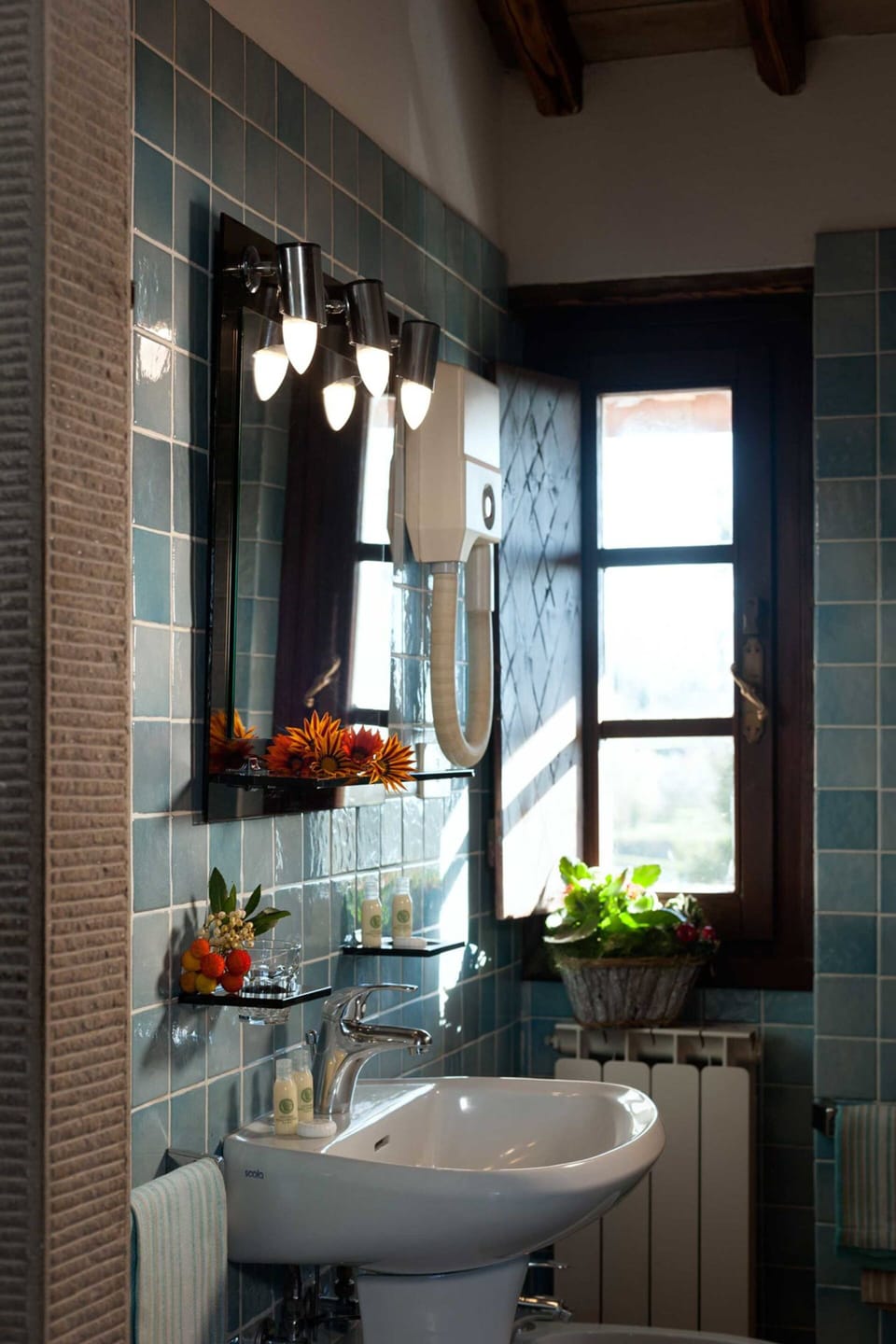 Combined shower/tub, hair dryer, bidet, towels