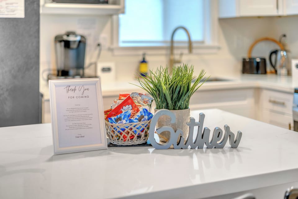 Welcome basket in your El Monte family rental near Los Angeles—snack & relax.