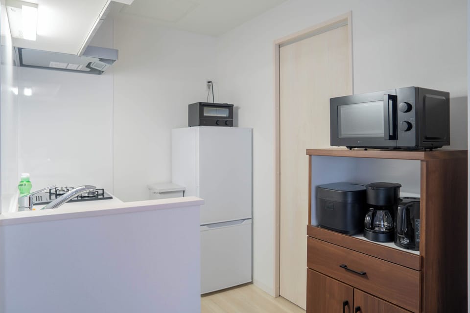Fridge, microwave, stovetop, electric kettle