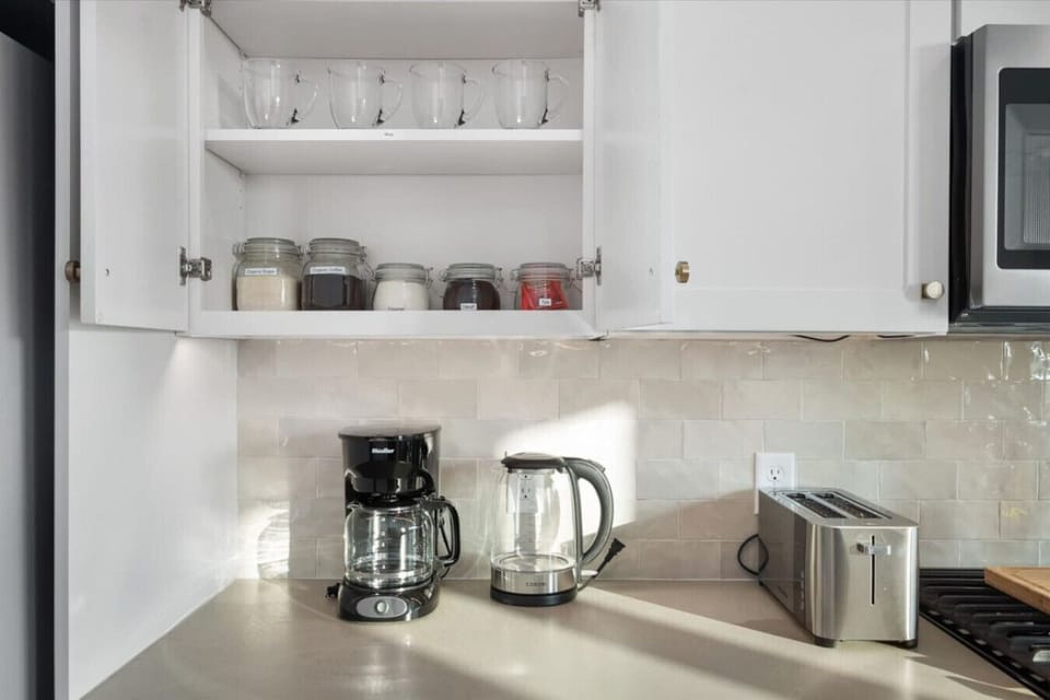 Coffee and Tea Station. Organic Coffee and Sugar. Creamer and Black Tea.