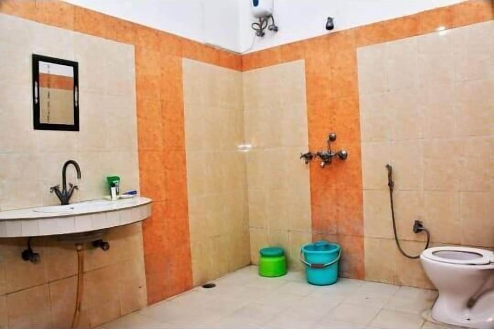 Shower, slippers, towels, soap