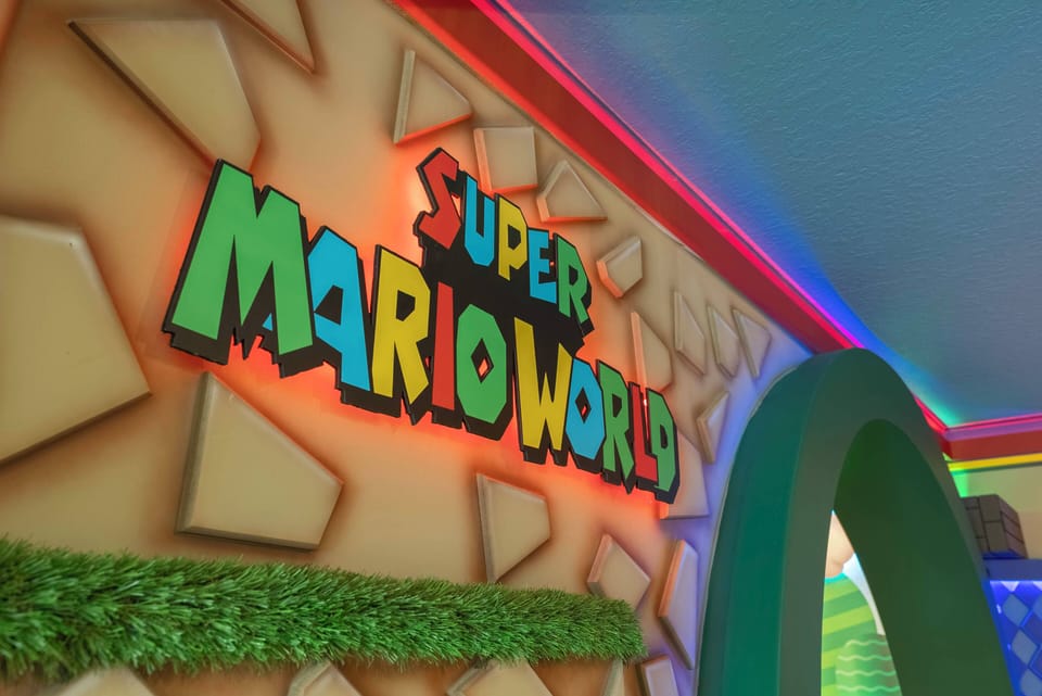 Dive into a delightful "Super Mario World" mural that adds playful charm to the space. With vibrant colors and accent lighting, it creates a fun atmosphere, perfect for families seeking adventure and enjoyment together.