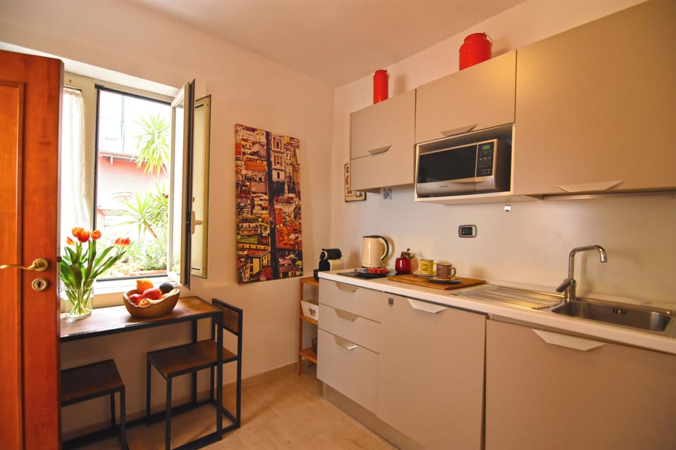 Deluxe Apartment, Kitchenette, City View | Private kitchen | Full-size fridge, microwave, oven, stovetop