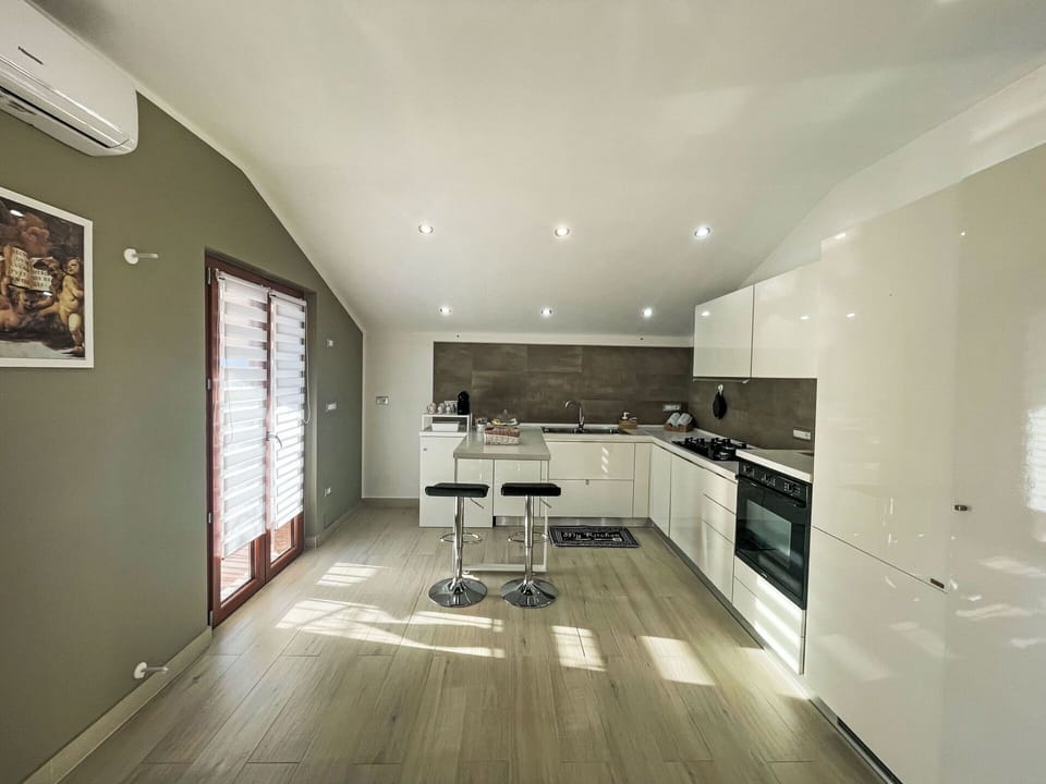Interior Design, Flooring, Furniture, Wall, Floor, Ceiling, Wood, Kitchen, Light Fixture, Lighting