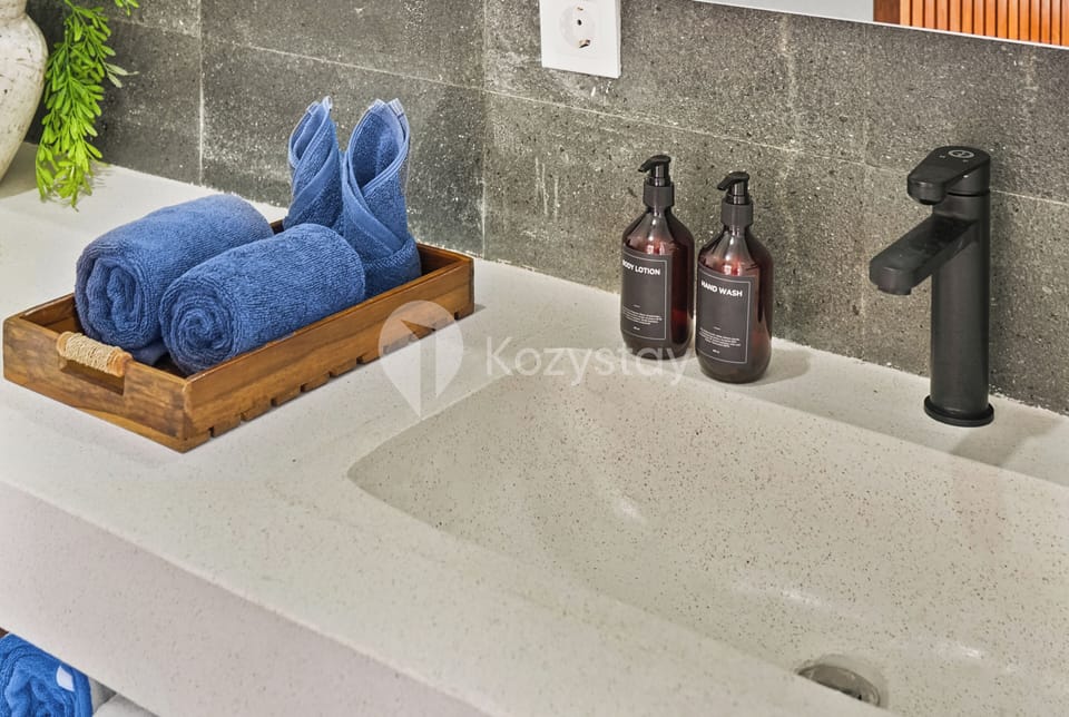 Separate tub and shower, free toiletries, bidet, towels