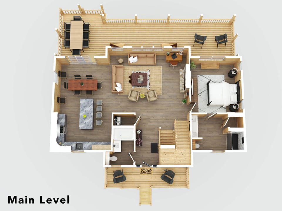 Main floor - Full bathroom, living room, dining room, chef kitchen, king suite with private bathroom