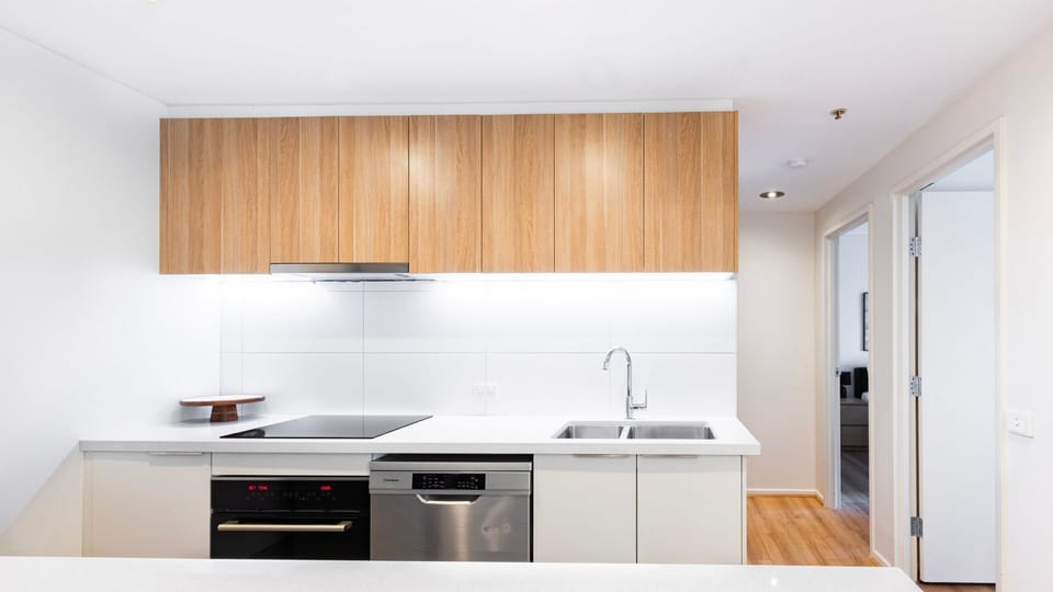 Contemporary kitchen with timber cabinetry and sleek appliances