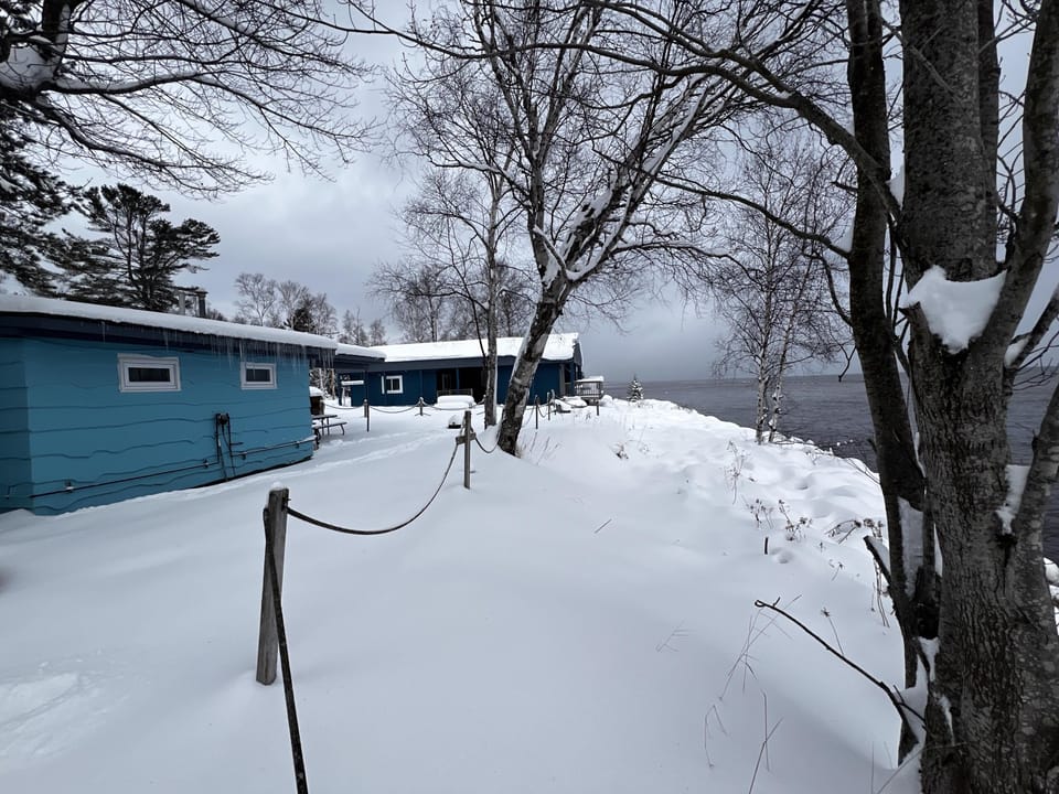 Queen studio in Paradise on lake superior, outside view in snow