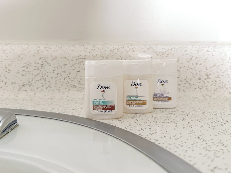 Hair dryer, towels, soap, shampoo