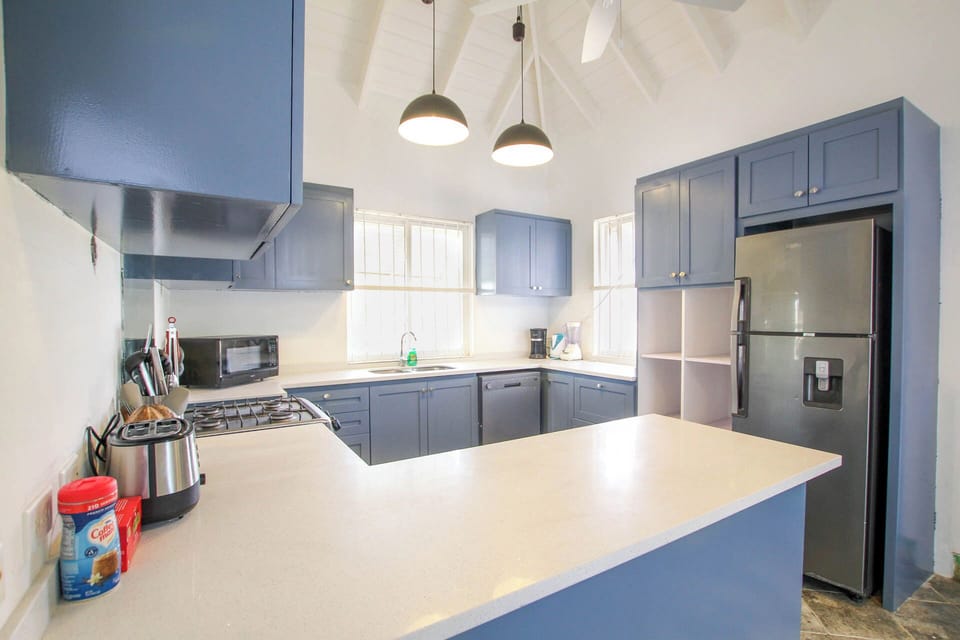 Kitchen with stove, microwave, dishwasher and fridge
