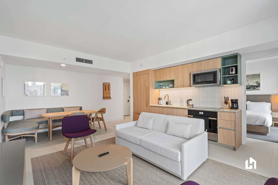 The condo has a luminous open floor plan