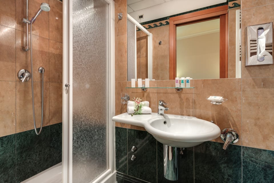 Shower, free toiletries, hair dryer, slippers