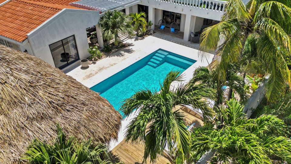 Outdoor pool, pool umbrellas, sun loungers