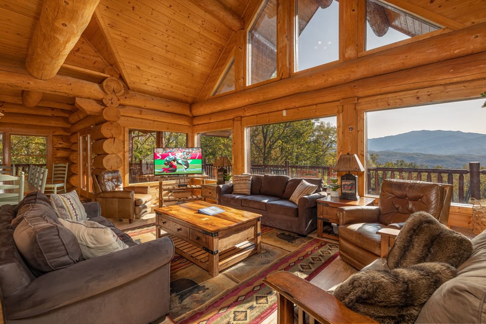 Living room with lots of seating and big window views