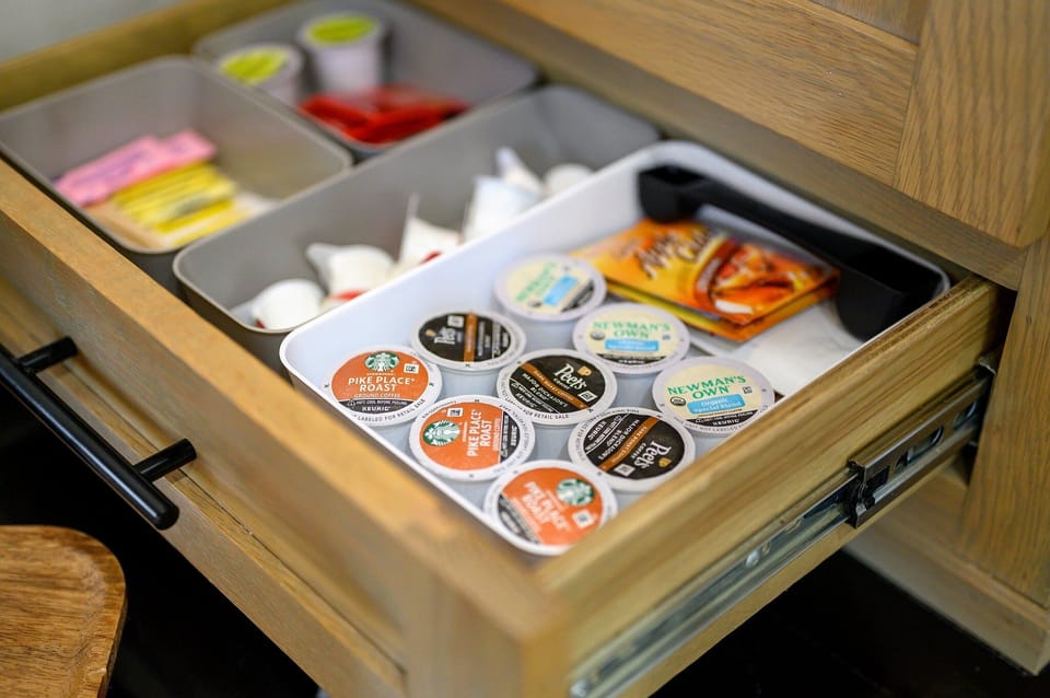 Coffee Bar has K-Cup Options, Hot Chocolate (in the winter) Teas, Sugars, Creamers and more