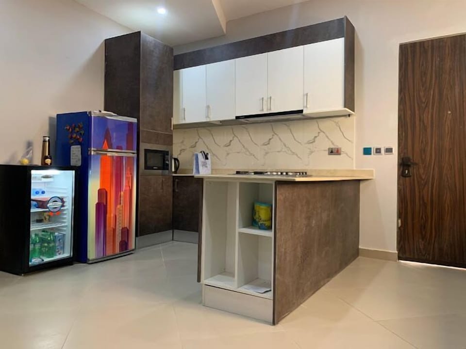 Family Apartment, Balcony, City View | Private kitchen | Fridge, microwave, oven, stovetop