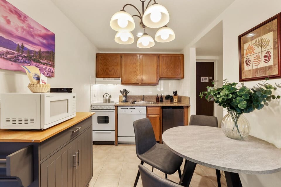 Kitchenette w/ small stove, oven, dishwasher & fridge