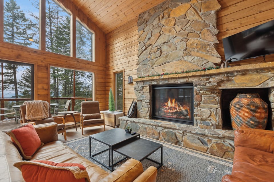 Large Montana-style fireplace is the real focal point of the house.