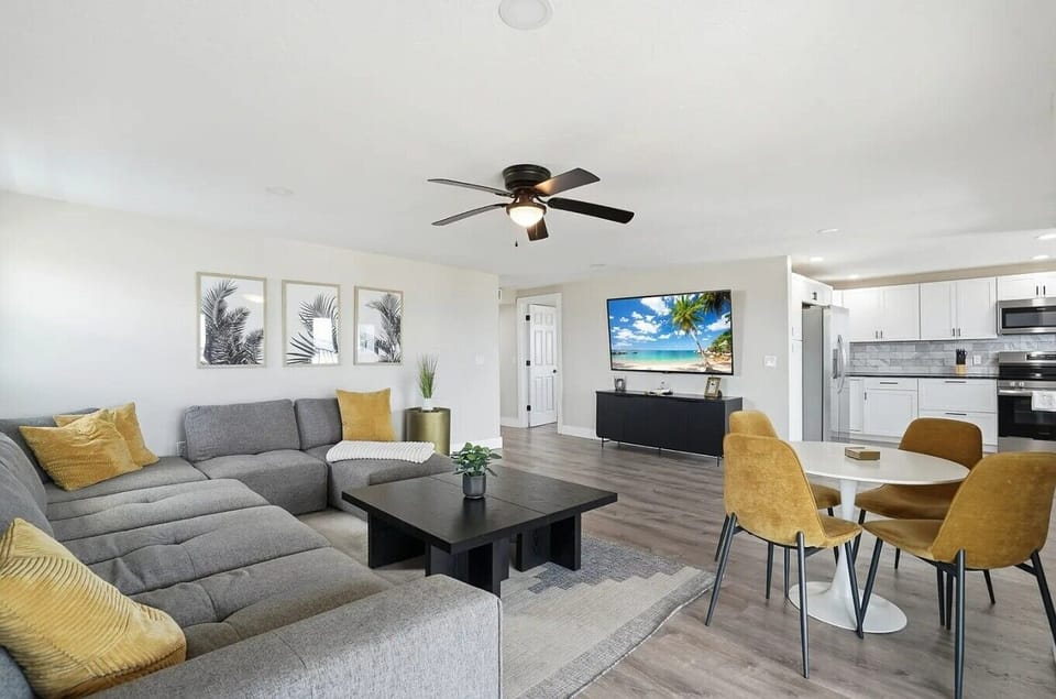 Cozy seating with Smart TV for movie nights.