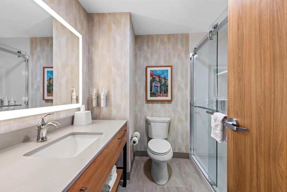 Room, 2 Queen Beds, Refrigerator | Bathroom shower