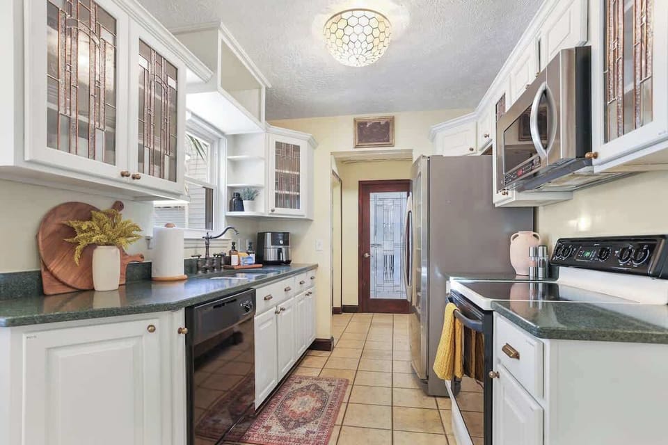 The efficiency of this kitchen makes cooking easy and enjoyable. Loaded with all the utensils and appliances you would need to create your next culinary masterpiece, our kitchen is the heart of this house.