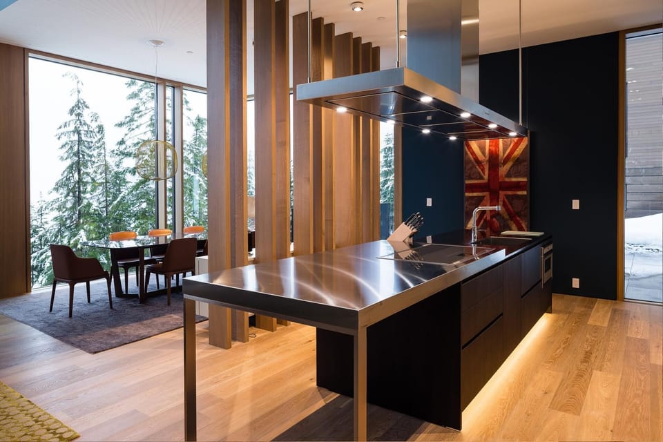 Contemporary entertainment kitchen, living, dining room